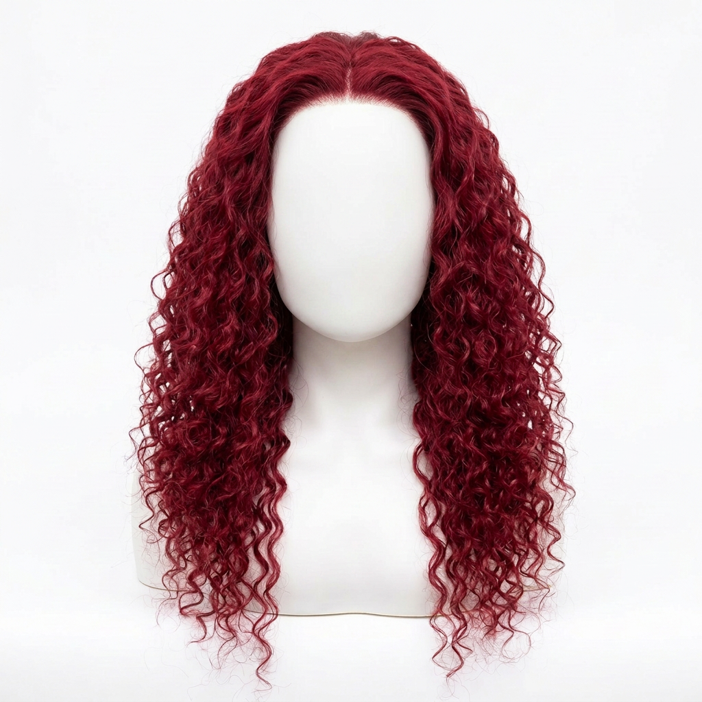 16-inch burgundy wig on a featureless white mannequin