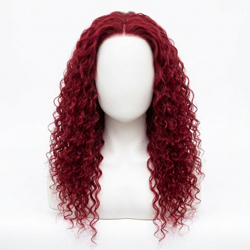 16-inch burgundy wig on a featureless white mannequin