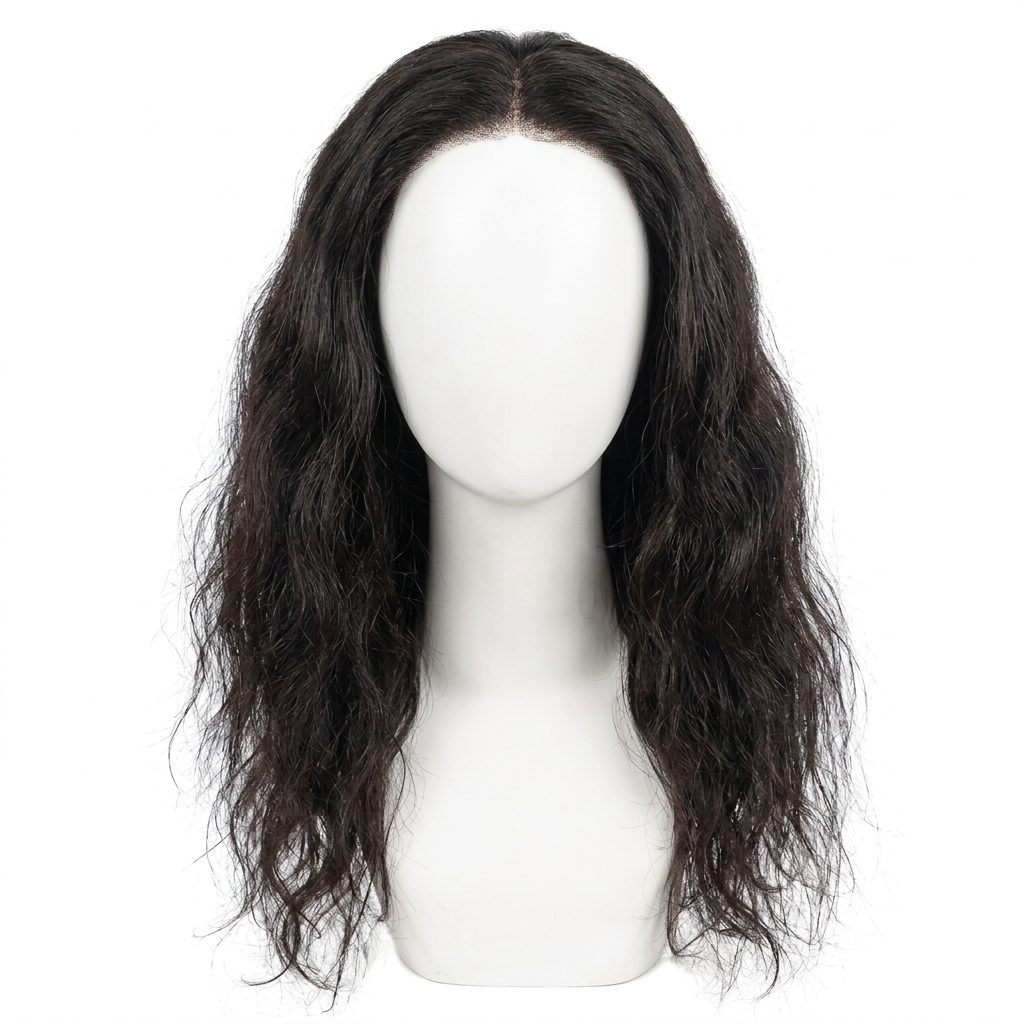20-inch wig on a white mannequin with brown lining removed