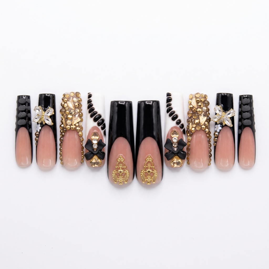 Black and gold designer nails without the case on a white background