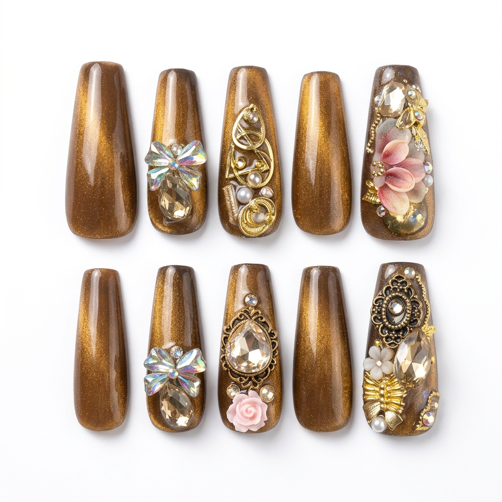Brown-and-gold designer nails on a white background without the case