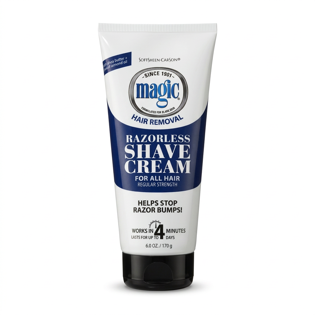 Magic Razorless Shave Cream with corrected white and blue packaging