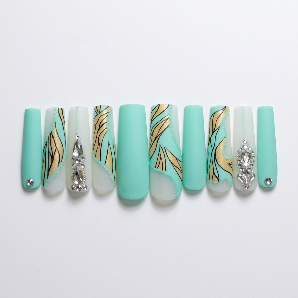 Mint-and-gold jeweled nail photo edit
