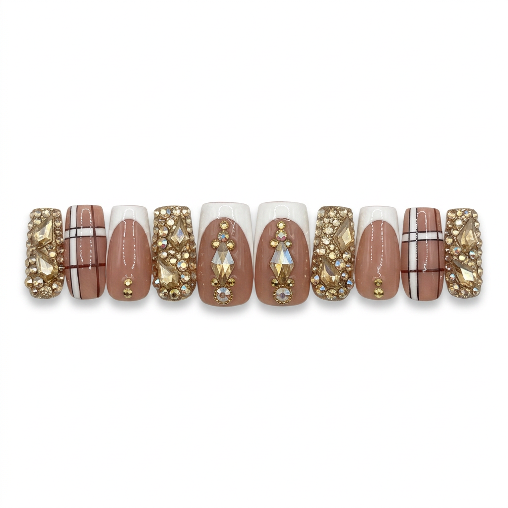 Nude-and-white jeweled nail photo edit