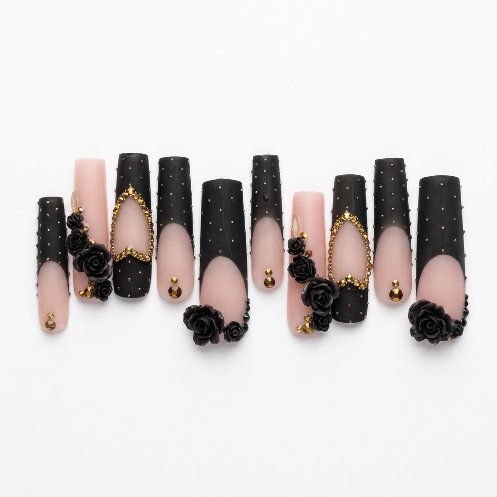 Pink and black designer nails without the case on a white background