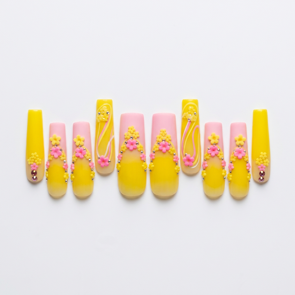 Pink-and-yellow floral nail photo edit