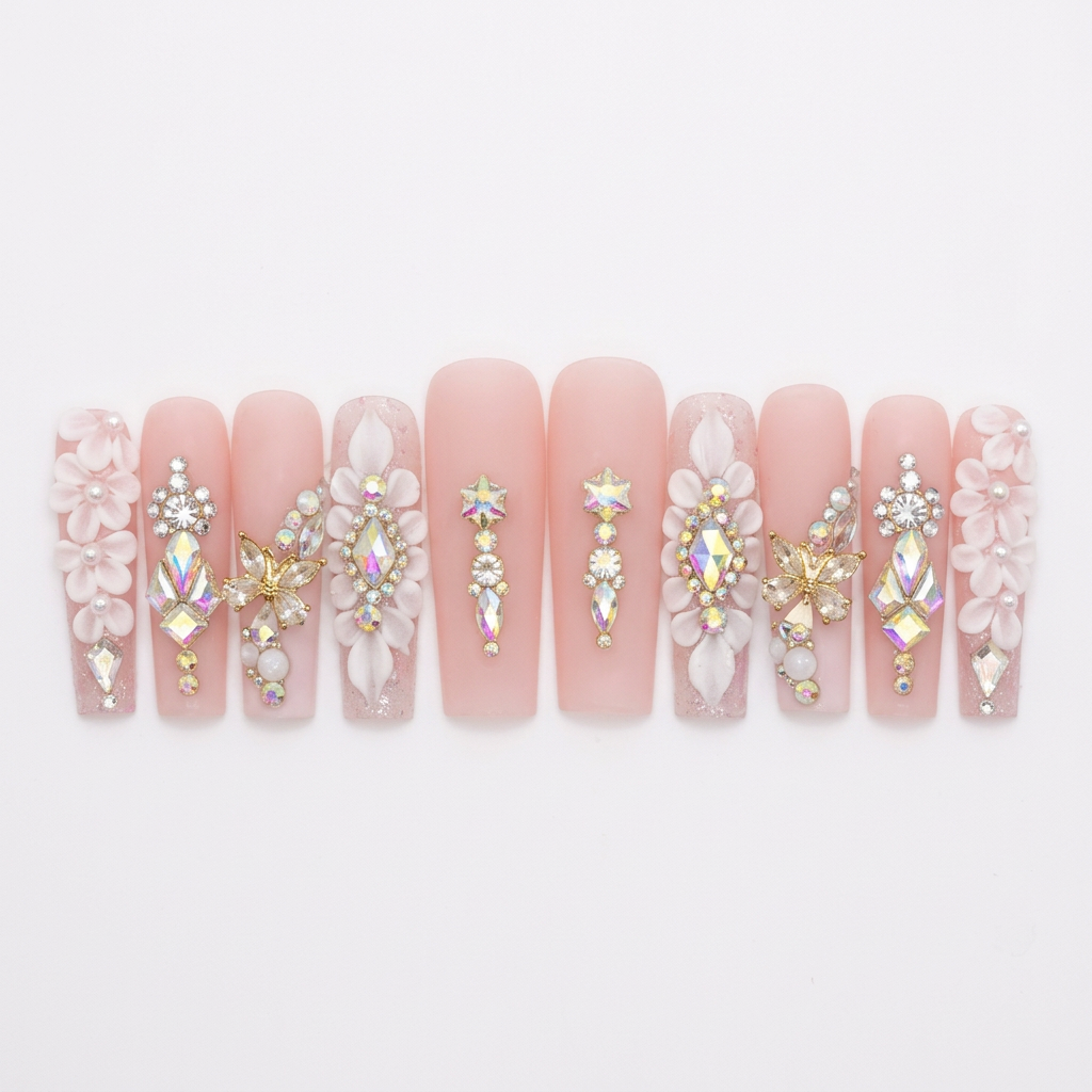 Pink floral and crystal designer nails on a white background without the case