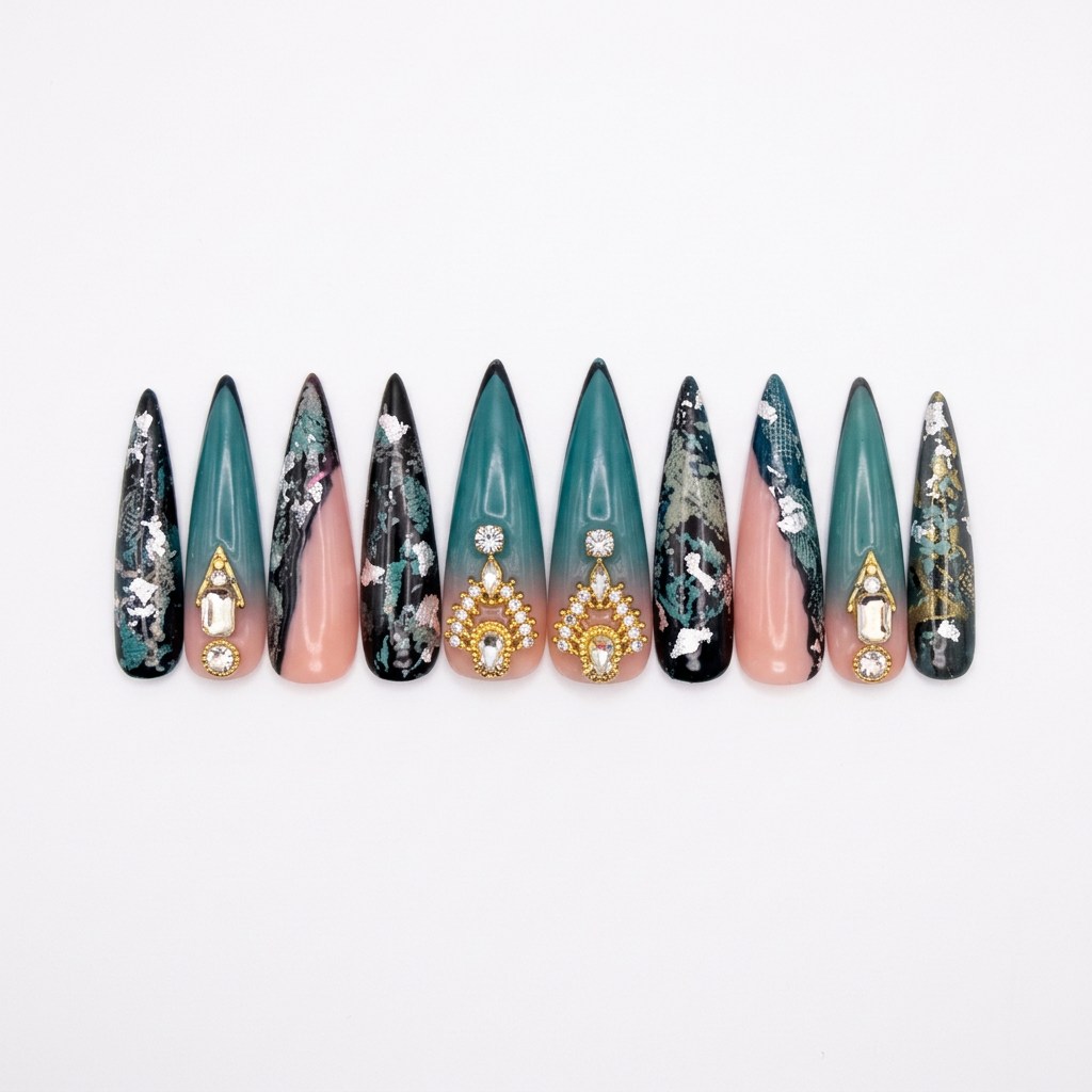 Teal-and-black jeweled nail photo edit
