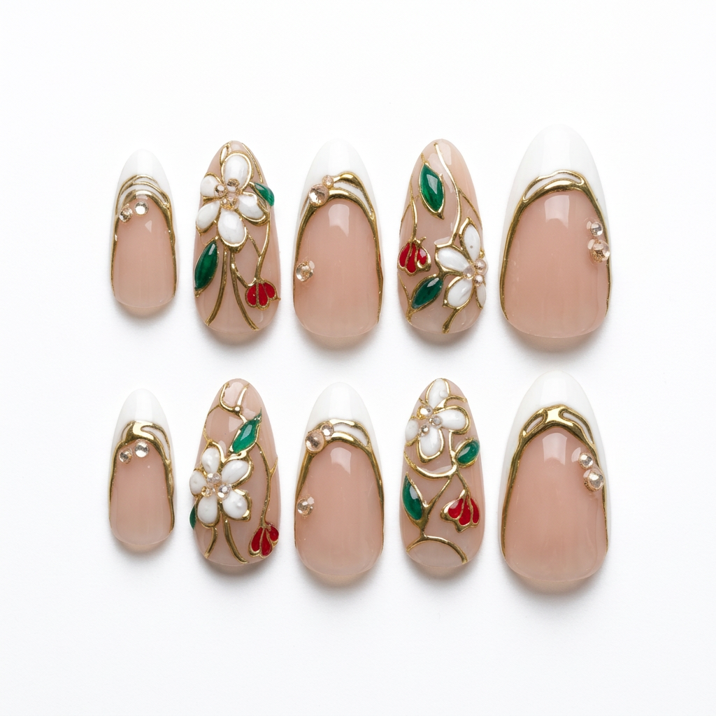White-background edit of the French-tip and floral nail set
